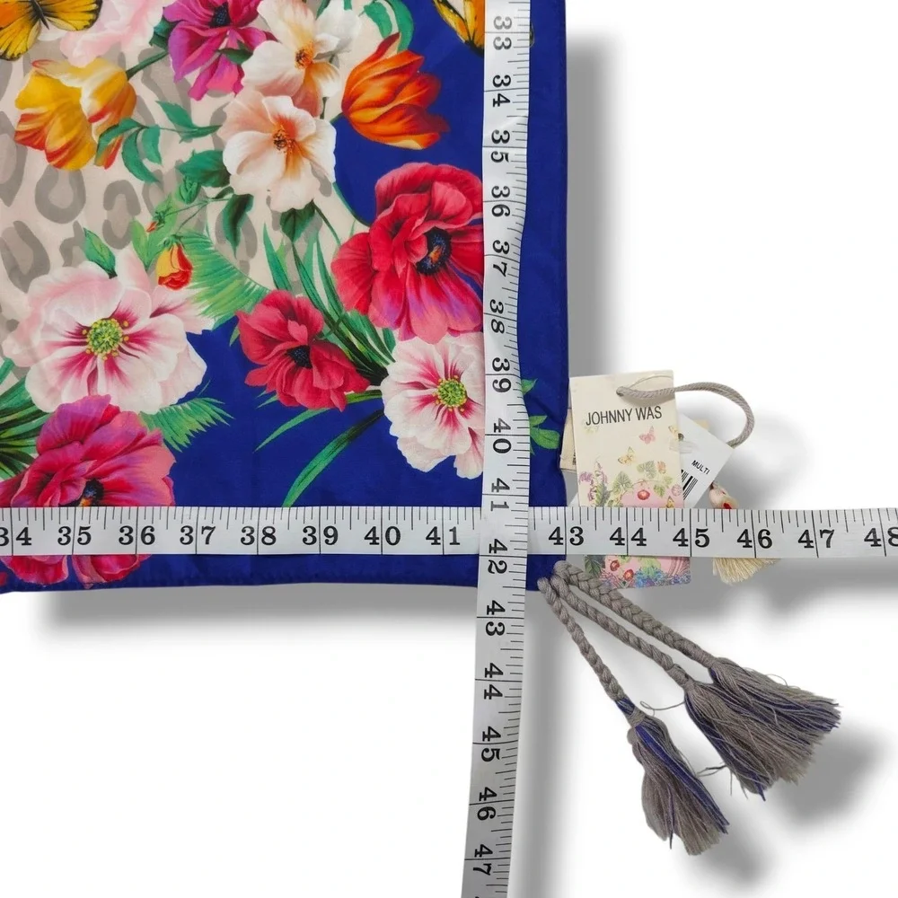 Johnny Was Silk Tassel Scarf Floral Butterfly Leopard Cobalt Blue 42x42 NWT OS